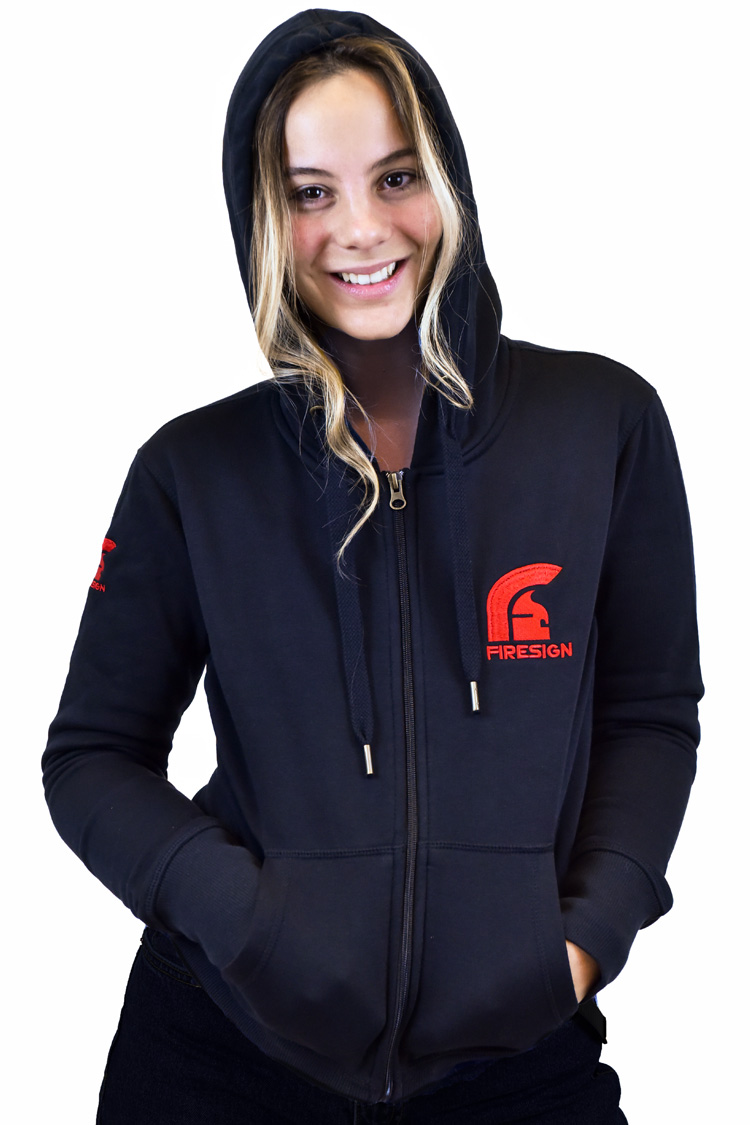 "REGENT" - Black Hoodie for Woman with Zip and Red Embroidered Logos