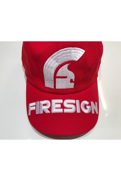 "HELM"  - Red Baseball Cap with Embroidered Front Logo and "FIRESIGN" on the Visor