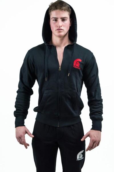 "TEMPLAR" - Black Hoodie for Man with Zip and Red Embroidered Logos