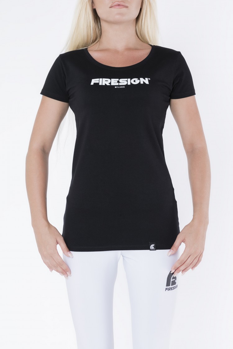 "STATUARY" - Black Compression T-Shirt for Woman with "Firesign Milano" Print 