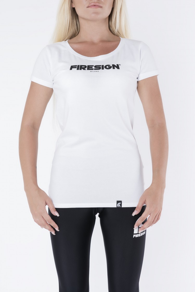 "STATUARY" - White Compression T-Shirt for Woman with "Firesign Milano" Print 