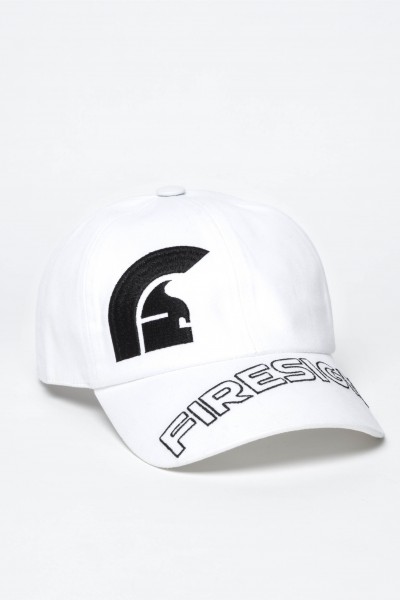 "HELM" - White Baseball Cap with Embroidered Asymmetric Logo and "FIRESIGN"