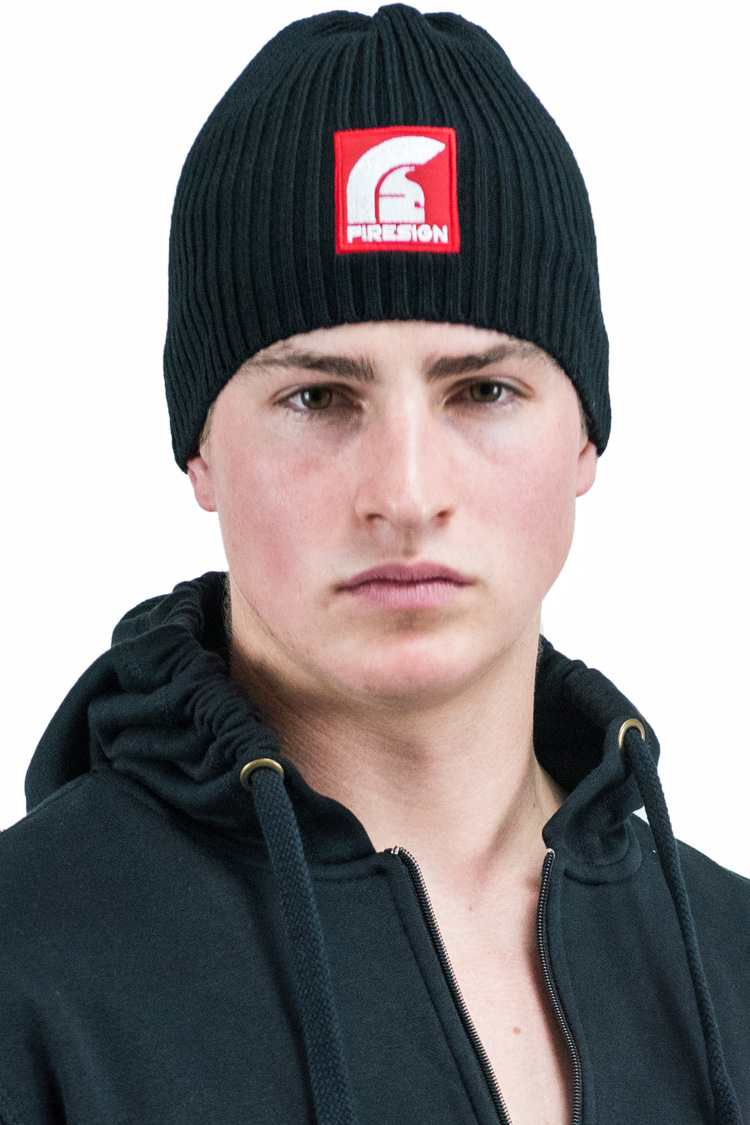"POLAR" - Black Woolen Ski Hat with Red Patch/Embroidered Logo